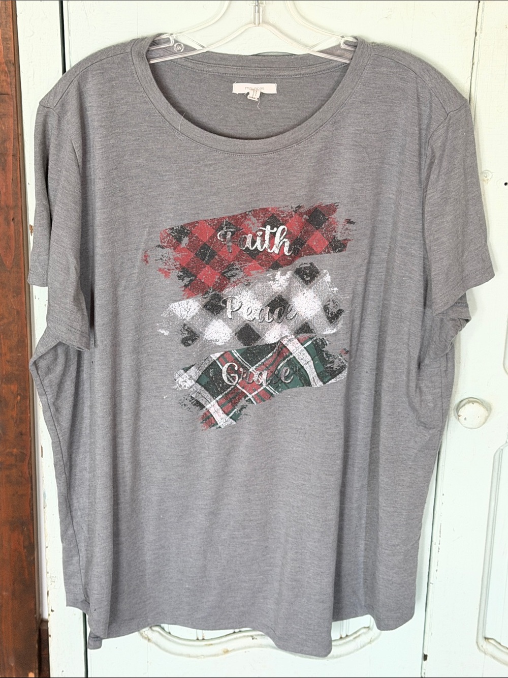 Maurices Gray Short Sleeve Tee with Red & Green Plaid Graphic